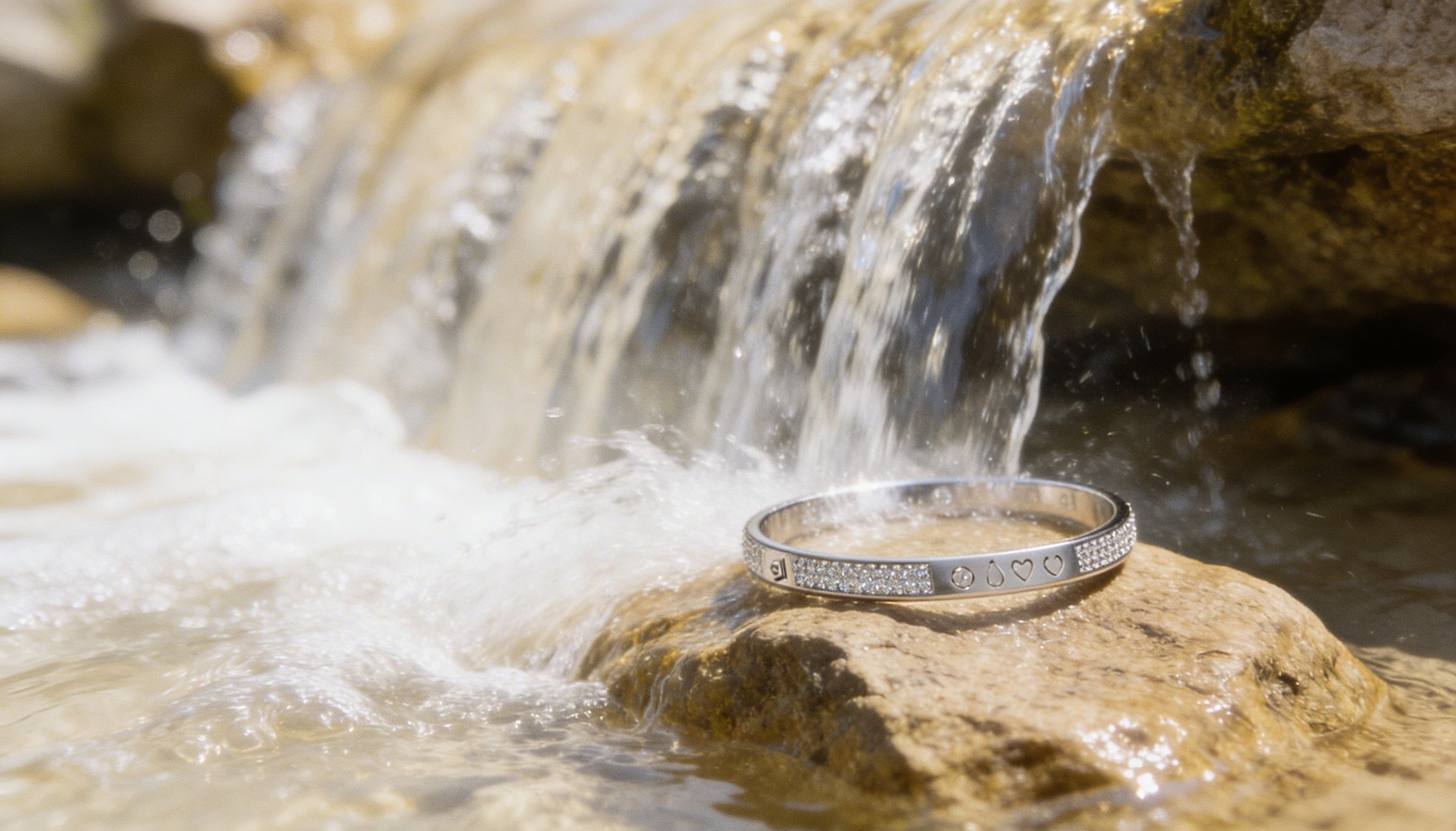 BELONG bracelet on a rock by a waterfall