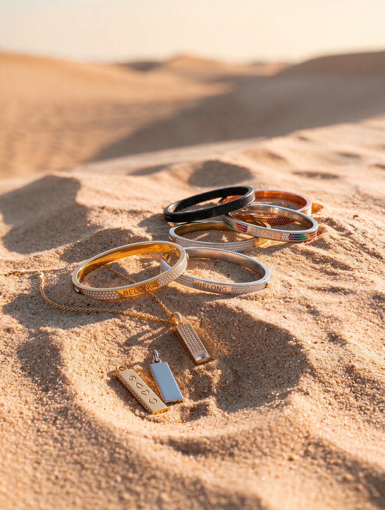 BELONG bracelets and pendants arranged in a circle on the sand
