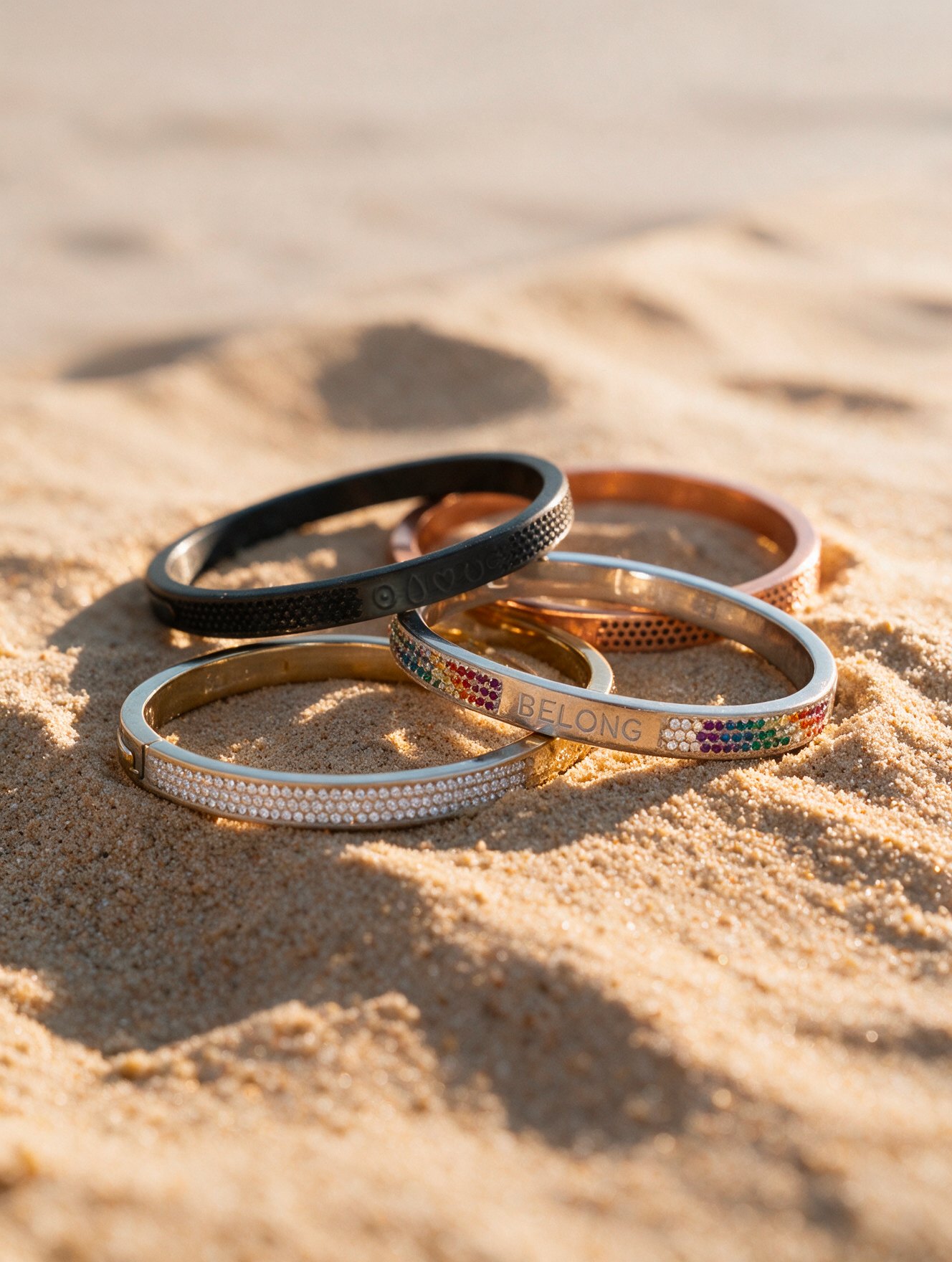 BELONG bracelets in different finishes on the sand